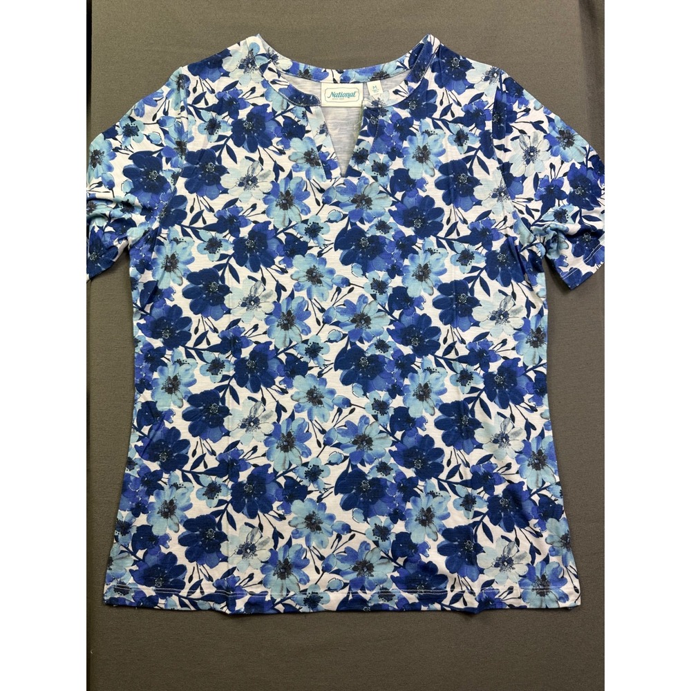 National Women Wild Blue Rose Floral Split Neck Short Sleeve Top 23921 Size M